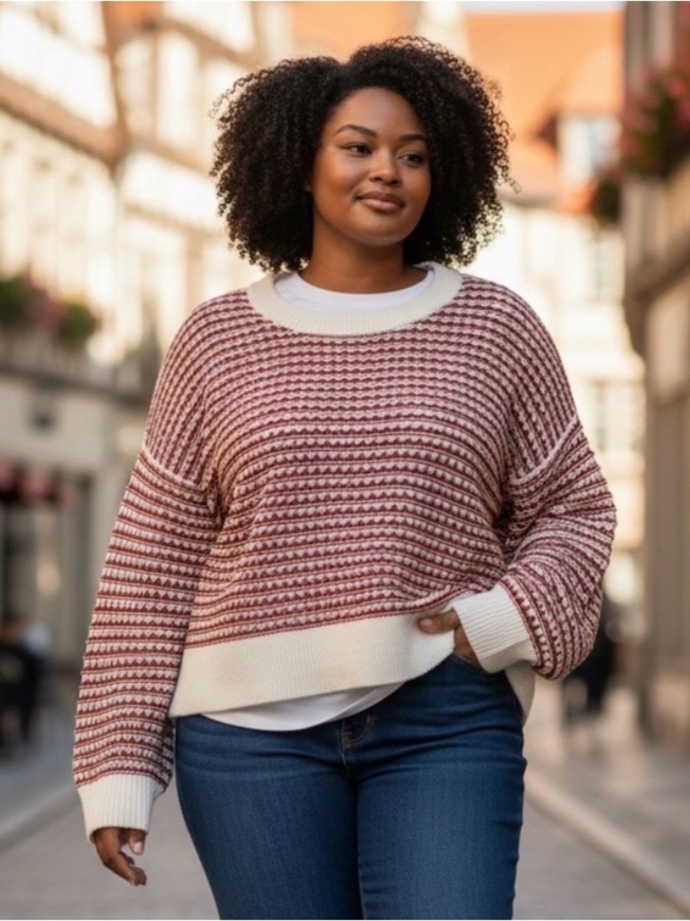 Old Navy Cozy Striped Knit Sweater in Cream & Dark Orange/Rusy